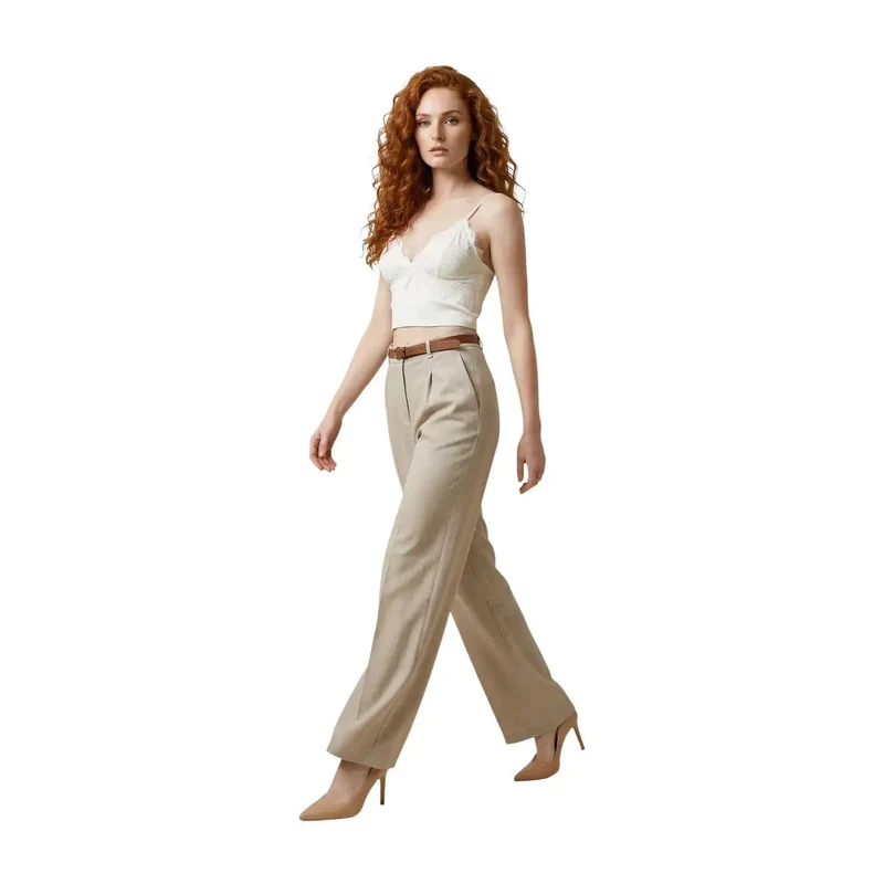 Pantalons pour femmes en beige, polyester, fermeture éclair et bouton, fabriqués en Italie