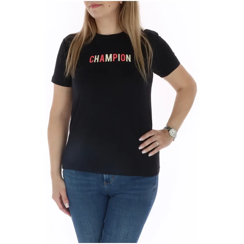 Chemise T-shirt femme noire en coton à col rond, manches courtes