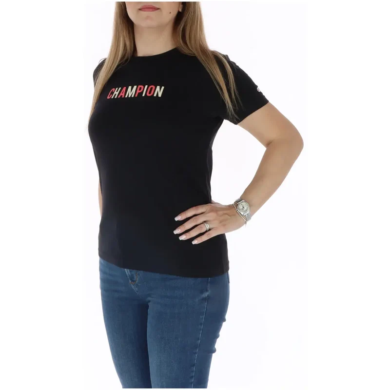 Chemise T-shirt femme noire en coton à col rond, manches courtes