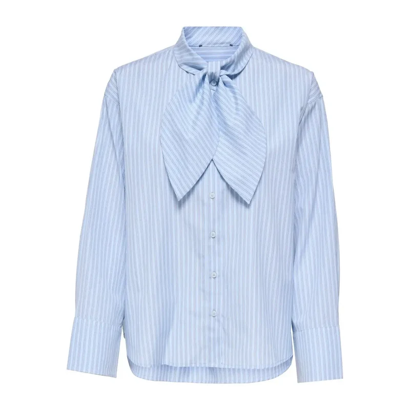 Chemise en coton classique à rayures pour femmes, manches longues, bleu clair