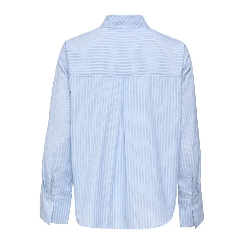 Chemise en coton classique à rayures pour femmes, manches longues, bleu clair