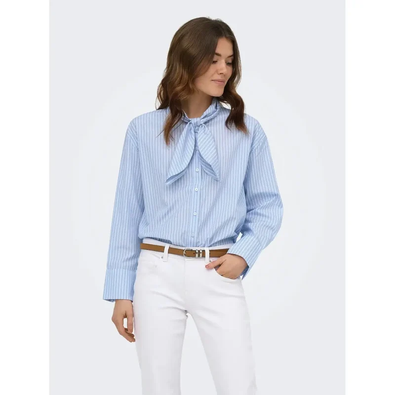 Chemise en coton classique à rayures pour femmes, manches longues, bleu clair