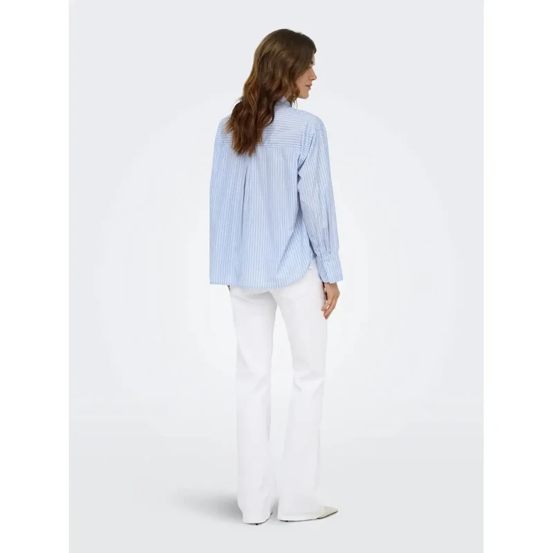 Chemise en coton classique à rayures pour femmes, manches longues, bleu clair