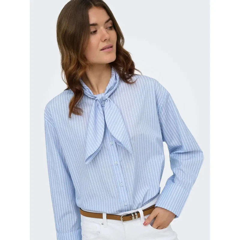 Chemise en coton classique à rayures pour femmes, manches longues, bleu clair
