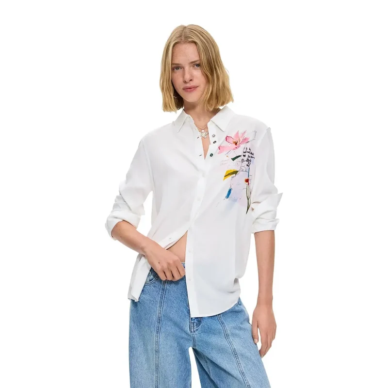 Chemise classique longue en viscose à motif floral blanc pour femme de marque Desigual