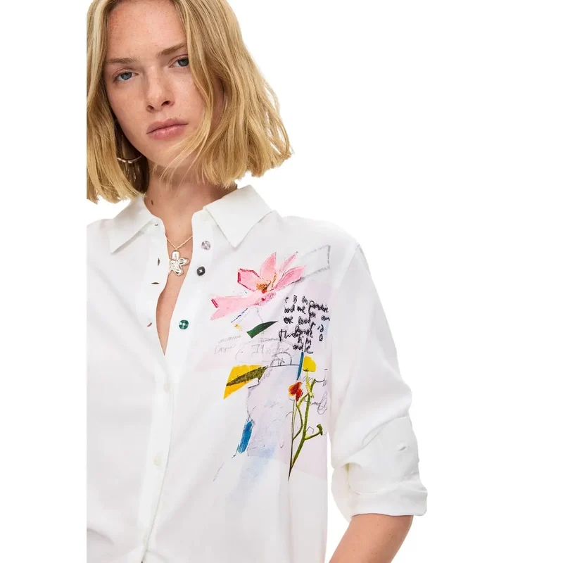 Chemise classique longue en viscose à motif floral blanc pour femme de marque Desigual