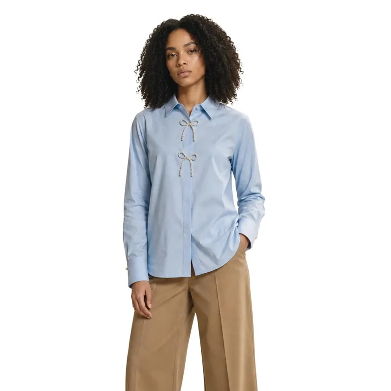 Chemisier polo long en coton bleu clair, pour femmes, détail perlé