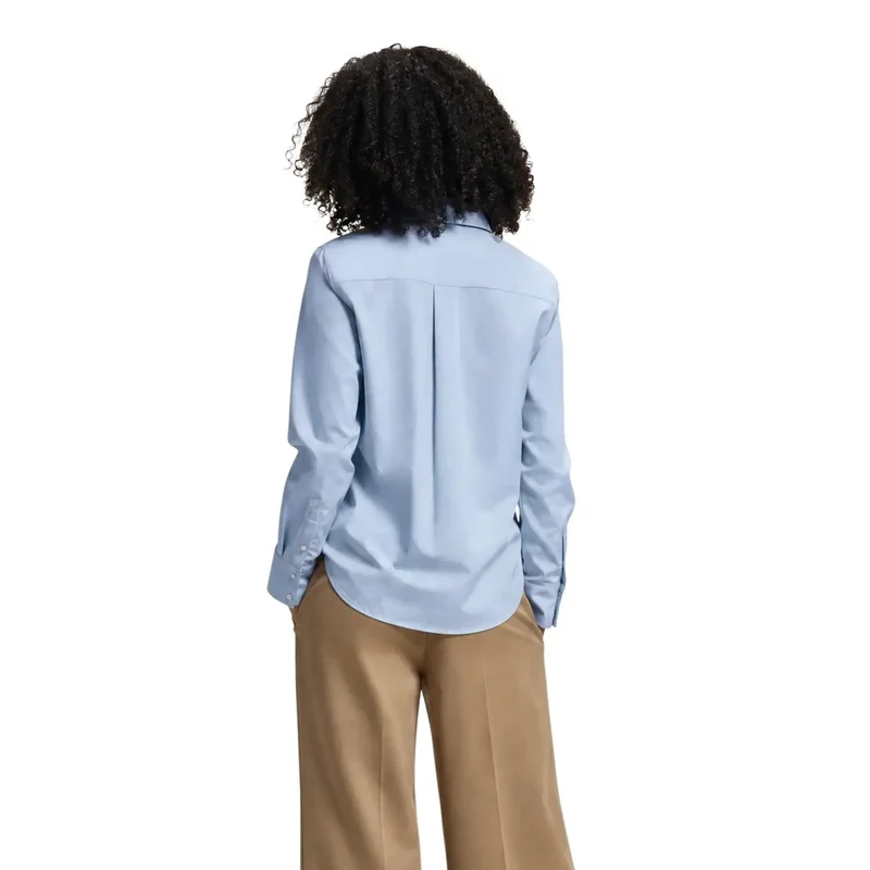 Chemisier polo long en coton bleu clair, pour femmes, détail perlé