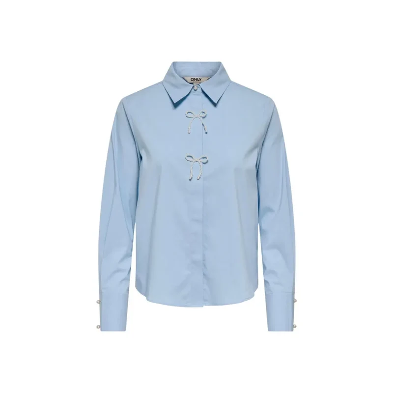 Chemisier polo long en coton bleu clair, pour femmes, détail perlé