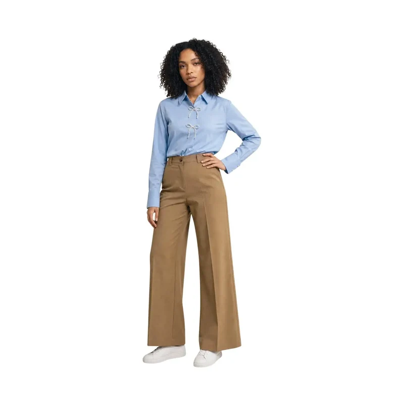 Chemisier polo long en coton bleu clair, pour femmes, détail perlé