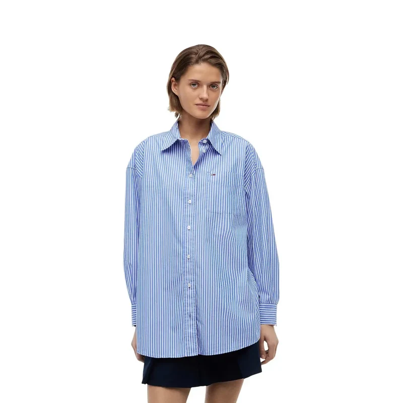 Chemise longue bleue en coton biologique à rayures pour femmes Tommy Hilfiger