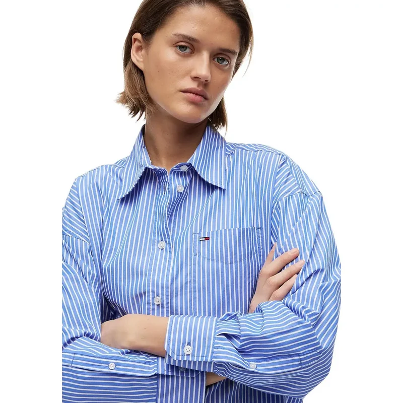 Chemise longue bleue en coton biologique à rayures pour femmes Tommy Hilfiger