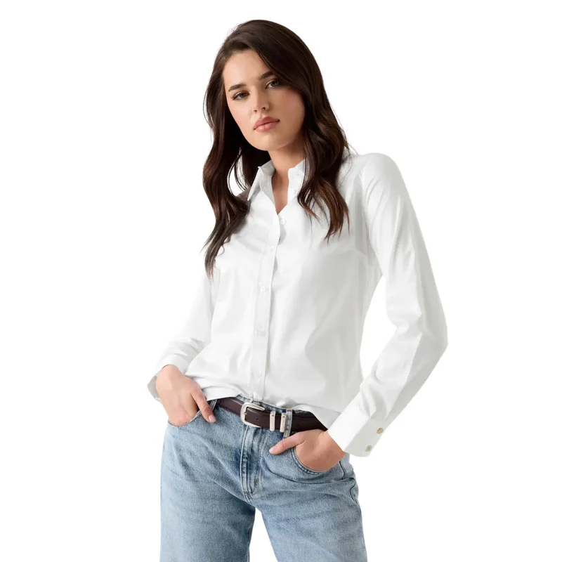 Chemise classique à col rond à manches longues en coton blanc pour femmes