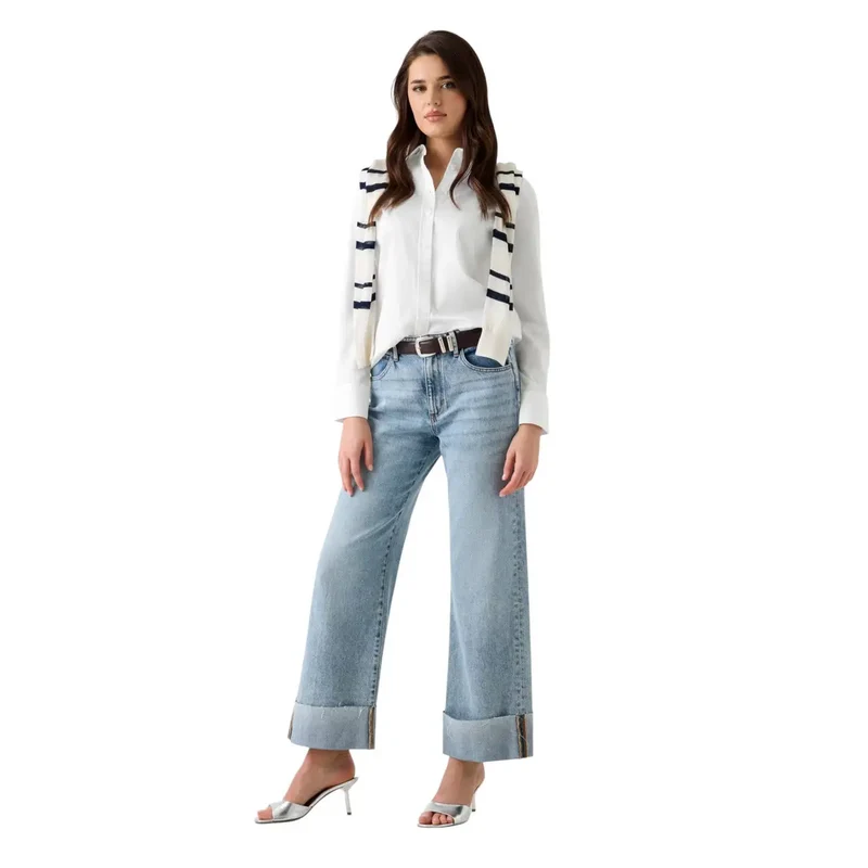 Chemise classique à col rond à manches longues en coton blanc pour femmes