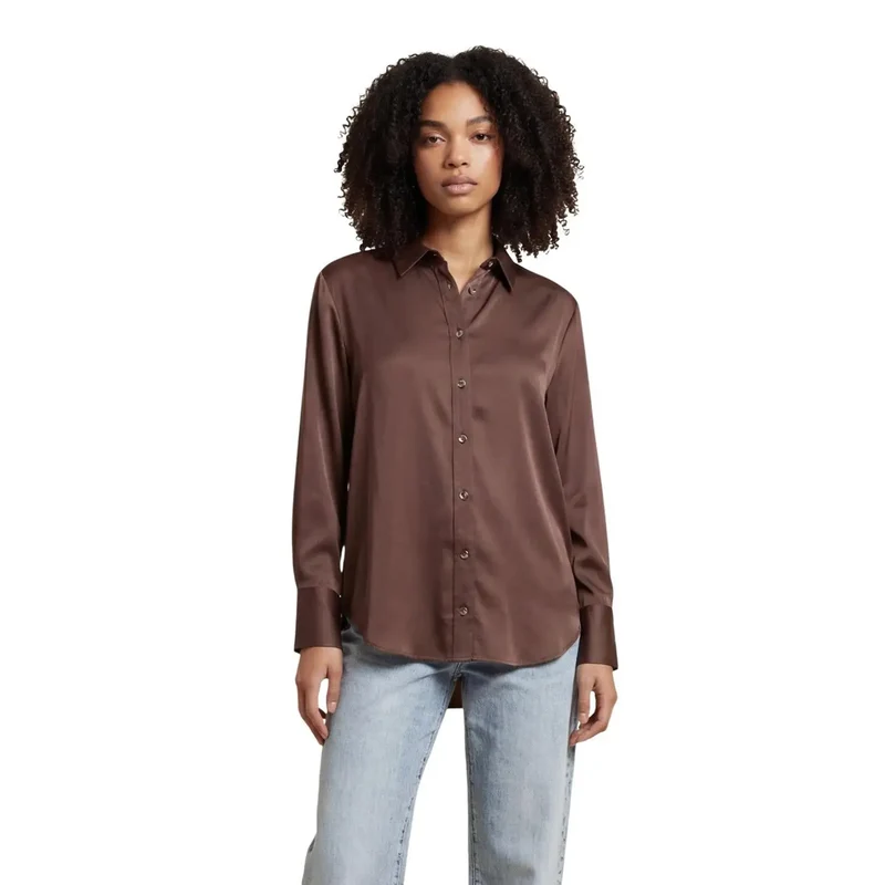 Chemisier classique long en viscose brune à col rond pour femmes