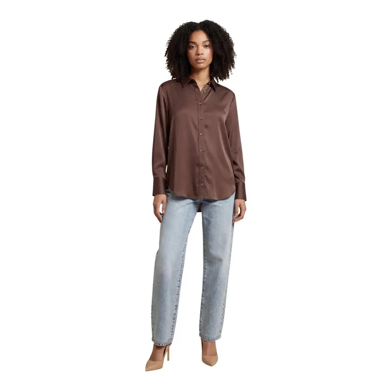 Chemisier classique long en viscose brune à col rond pour femmes