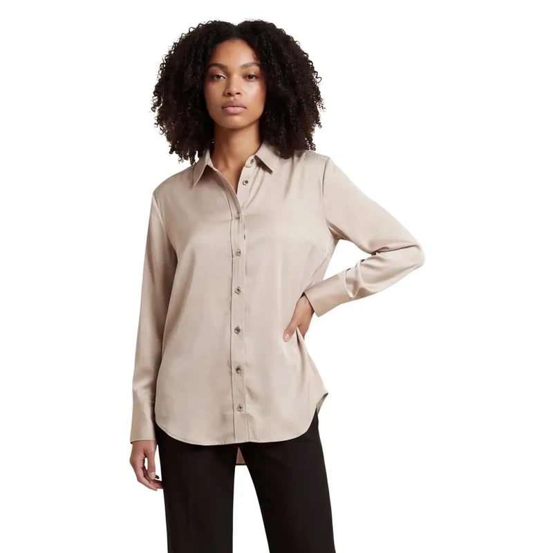 Chemisier classique long en viscose brune à col rond pour femmes