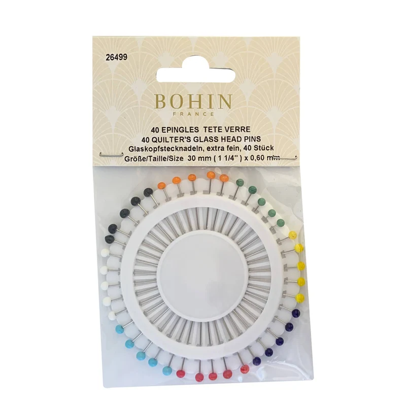 Épingles extra-fines à tête de verre BOHIN | Couleurs assorties | 40 épingles | Fabriquées en France