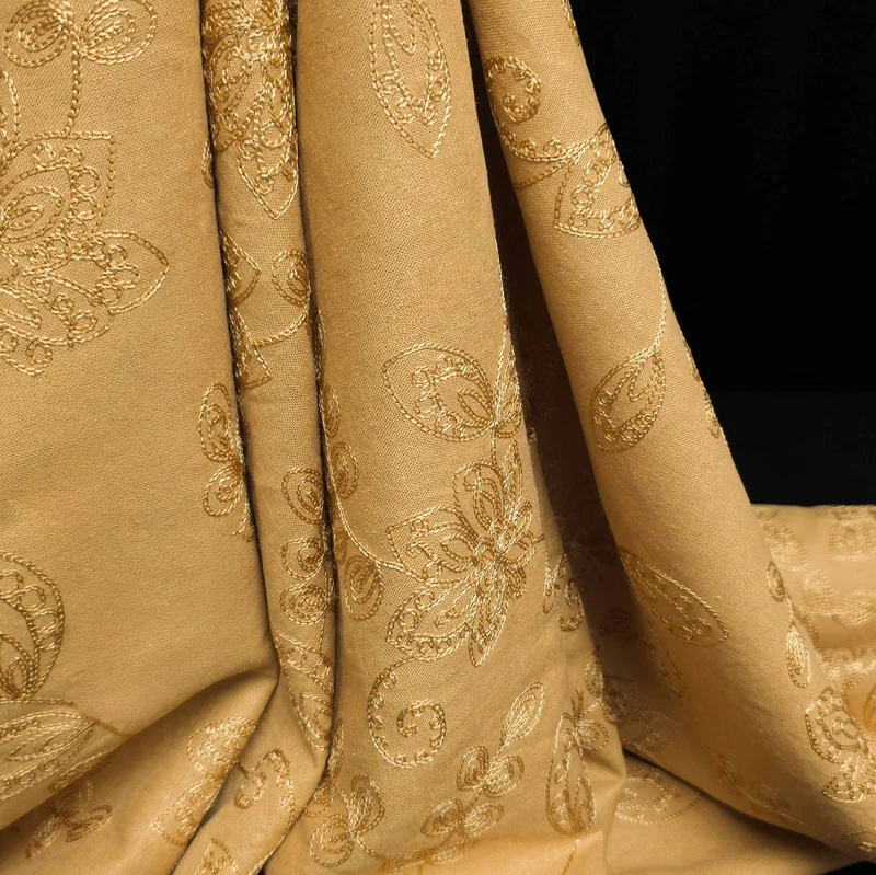 Tissu en Lin 100 % Brodé à Motif Floral | Moutarde Dorée