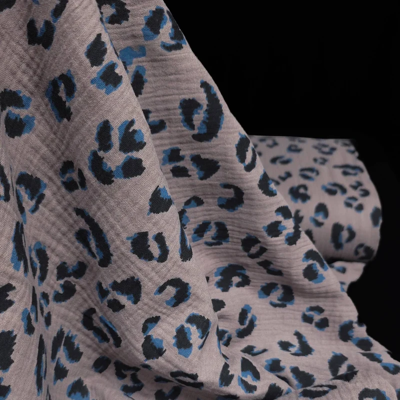 Tissu double gaze 100 % Coton | Imprimé Léopard Bleu | Taupe