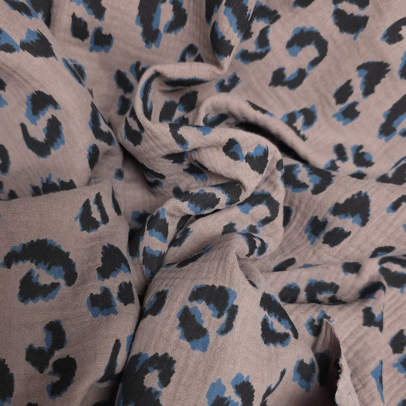 Tissu double gaze 100 % Coton | Imprimé Léopard Bleu | Taupe