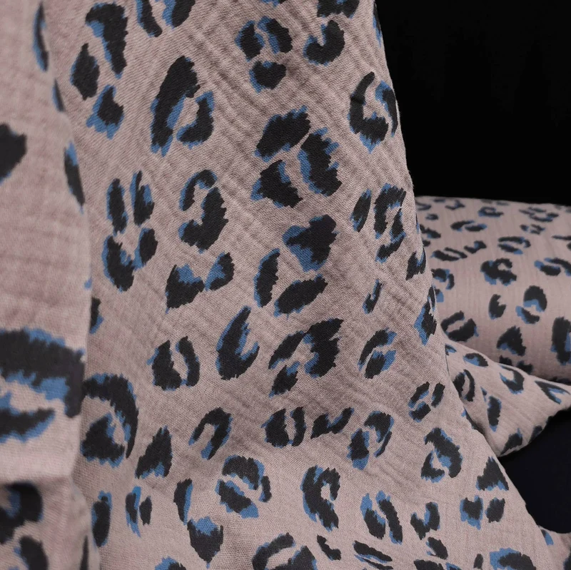 Tissu double gaze 100 % Coton | Imprimé Léopard Bleu | Taupe