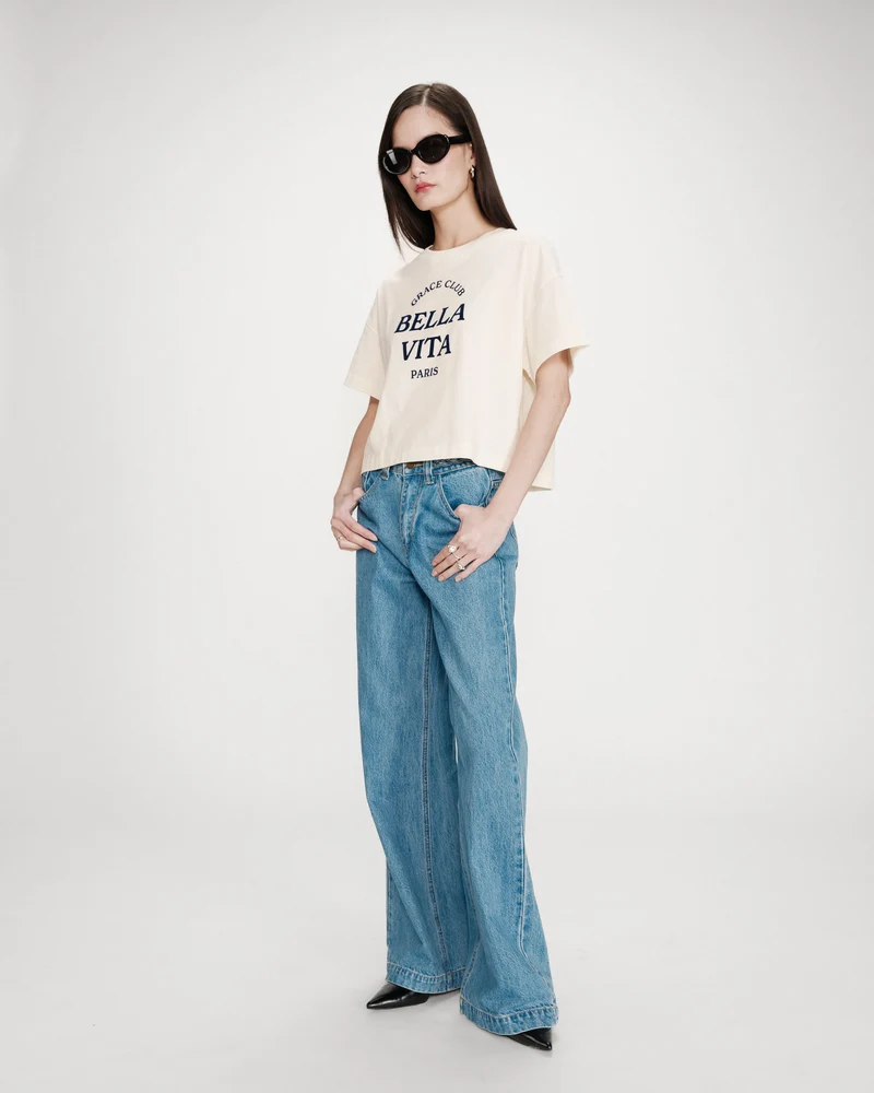 Top oversize en coton message imprimé ecru Voss