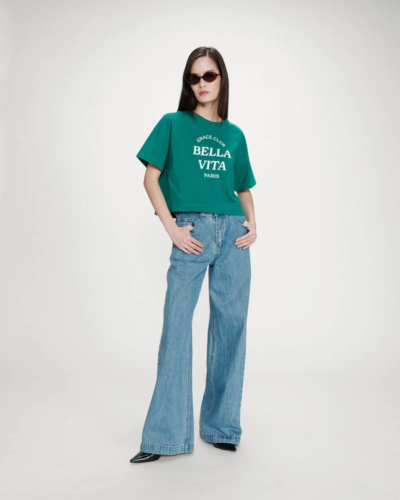 Top oversize en coton message imprimé vert Voss