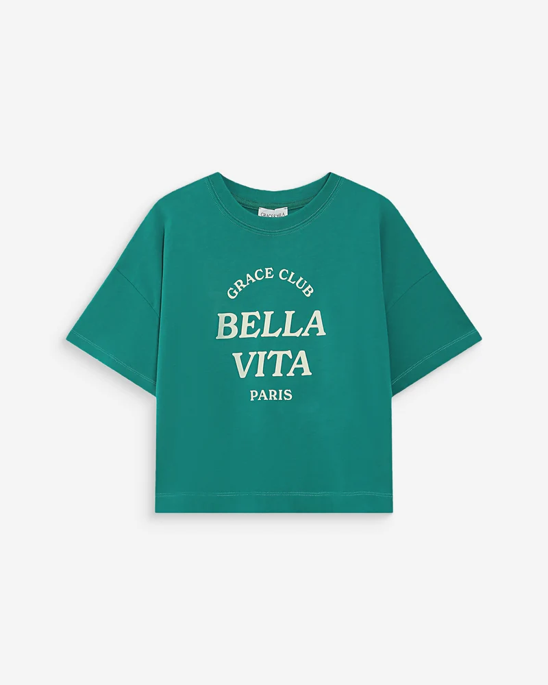 Top oversize en coton message imprimé vert Voss