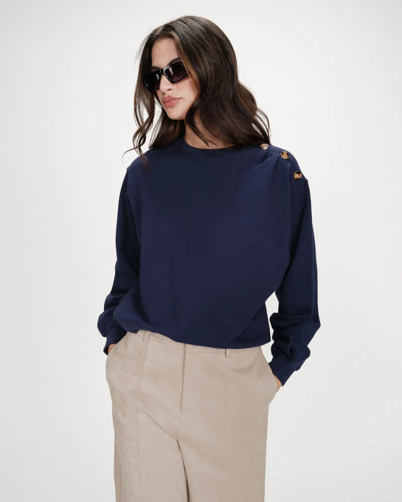 Sweatshirt col rond avec plis et boutons marine Vonan