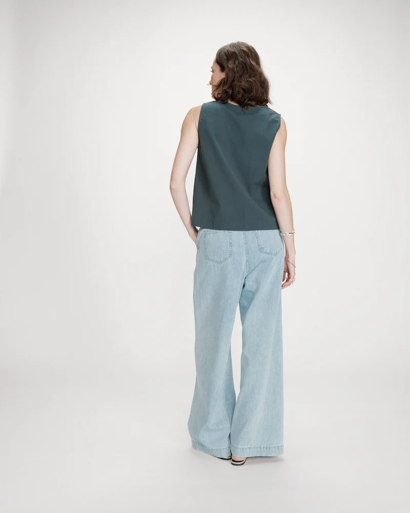 Top en coton sans manches col V emeraude Vagabond
