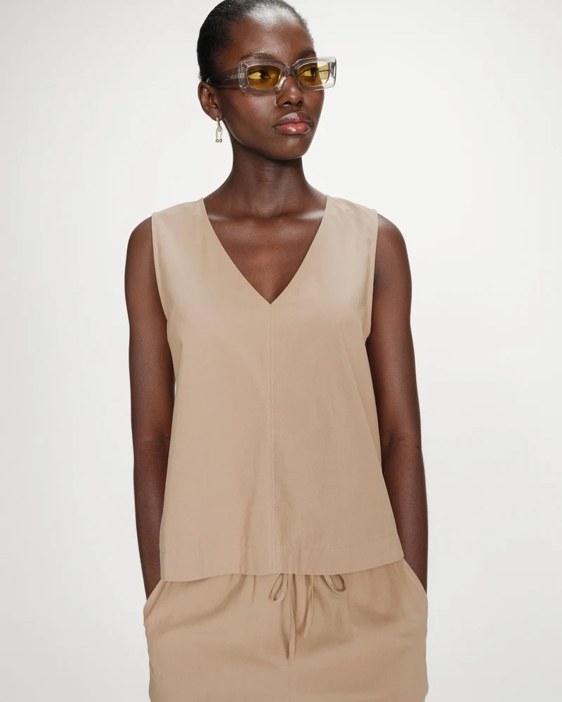 Top en coton sans manches col V sable Vagabond