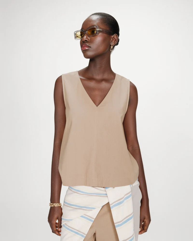 Top en coton sans manches col V sable Vagabond