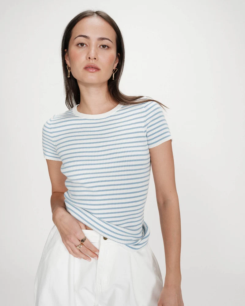 Pull en fine maille ajusté manches courtes bleuet Vendredi