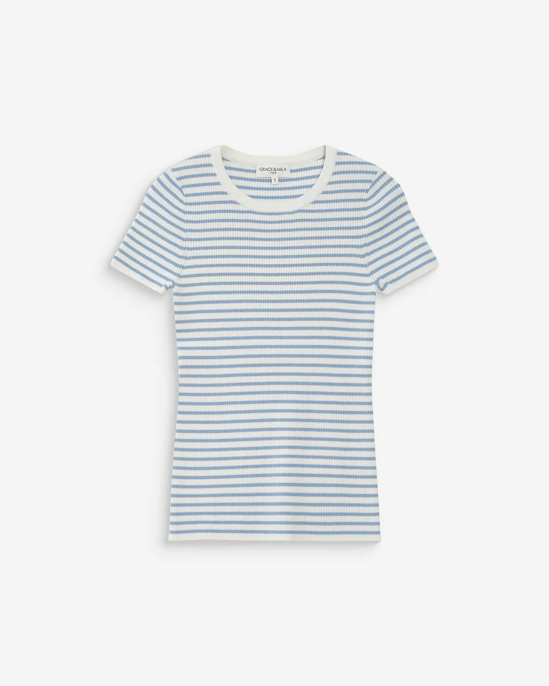Pull en fine maille ajusté manches courtes bleuet Vendredi
