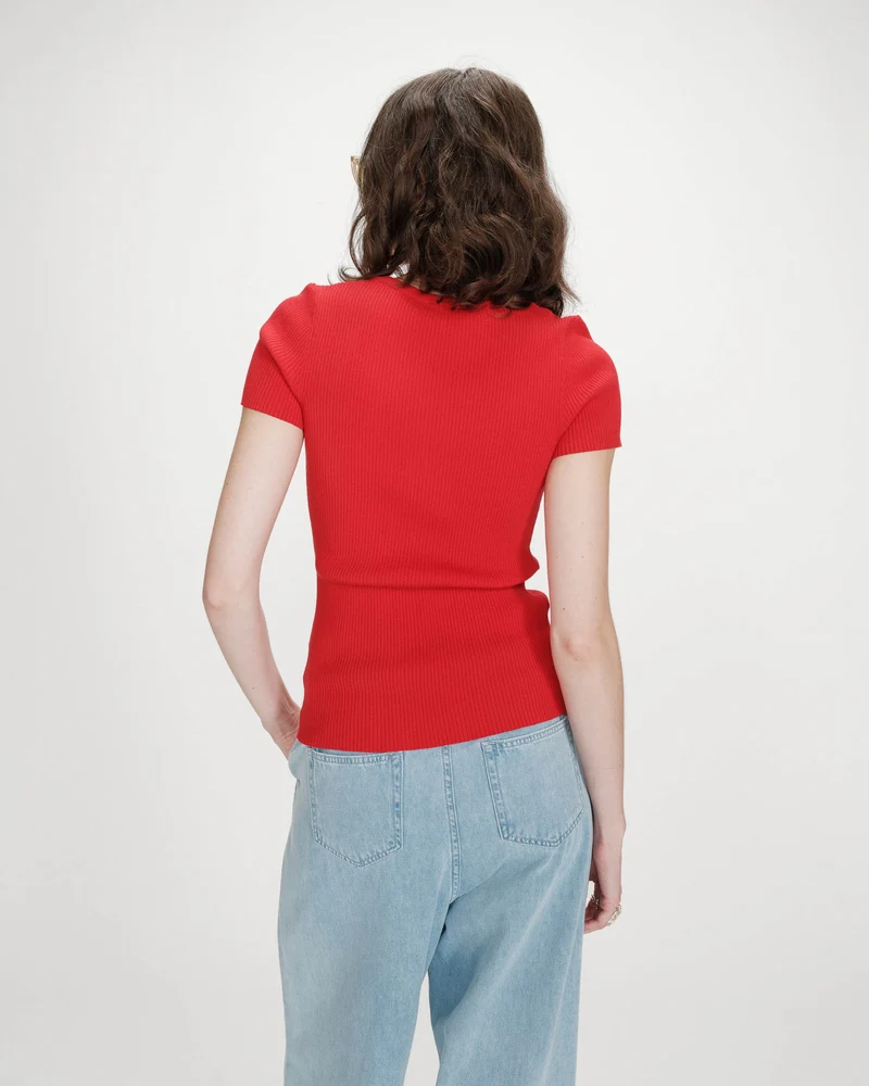Pull en fine maille ajusté manches courtes rouge Vendredi