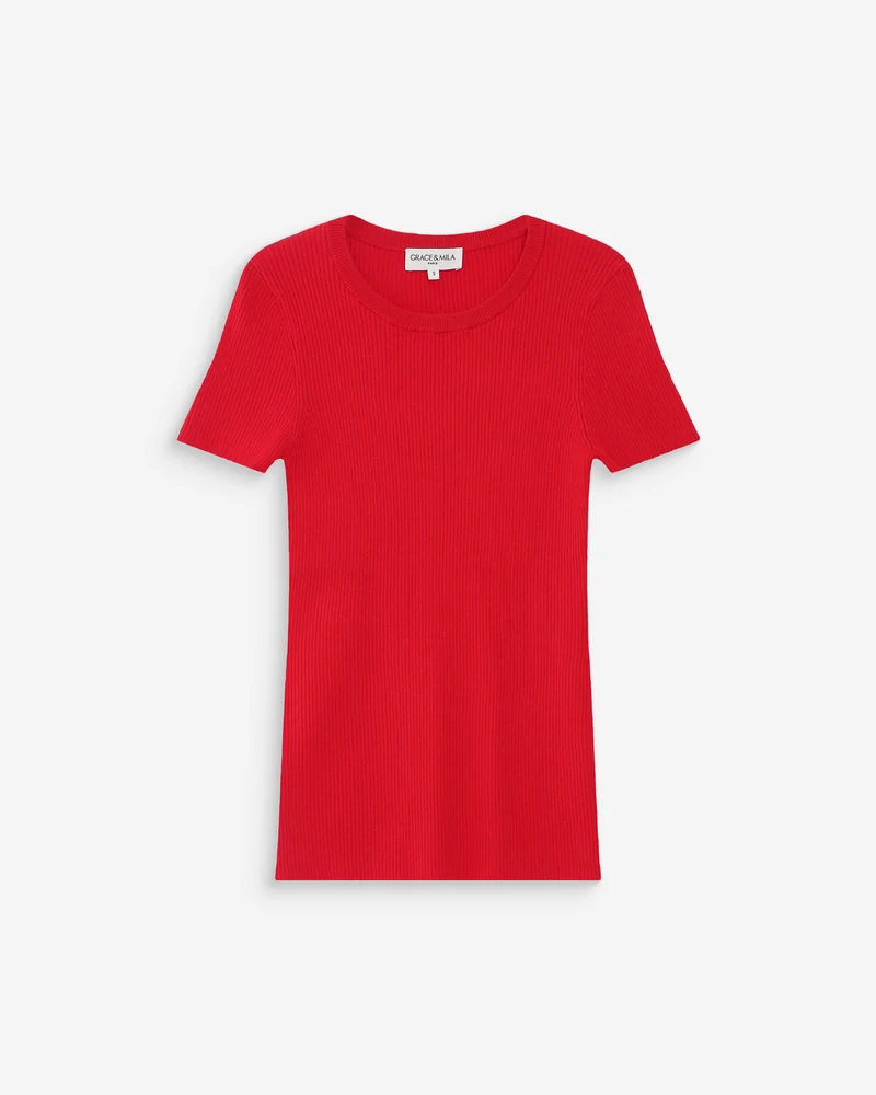 Pull en fine maille ajusté manches courtes rouge Vendredi