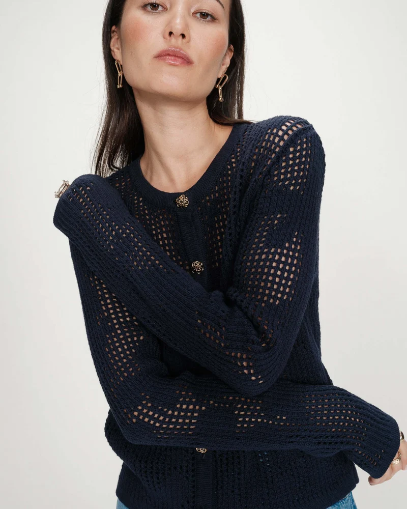 Cardigan en maille ajourée marine Velasquez