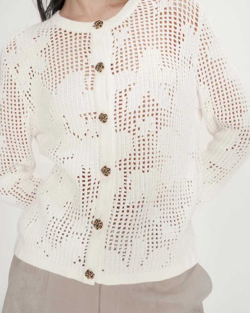 Cardigan en maille ajourée ecru Velasquez