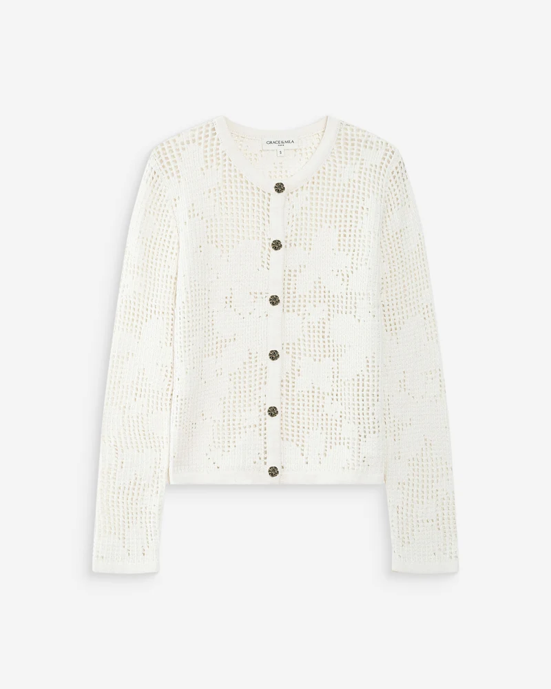 Cardigan en maille ajourée ecru Velasquez