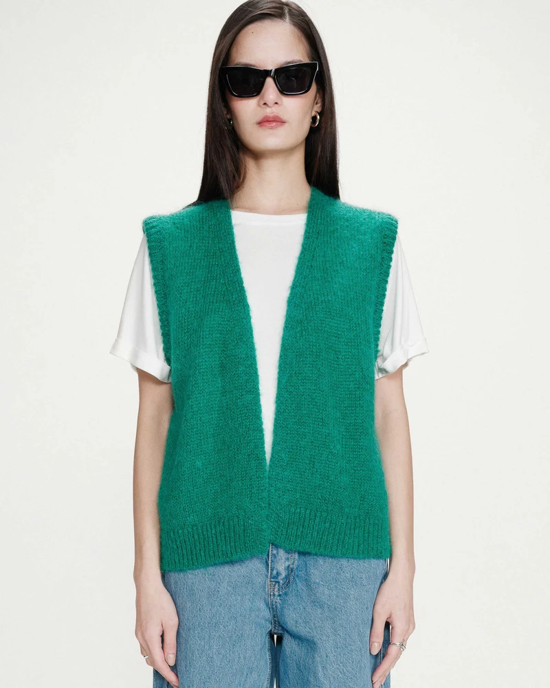 Cardigan laine et mohair sans manches vert Vicomte