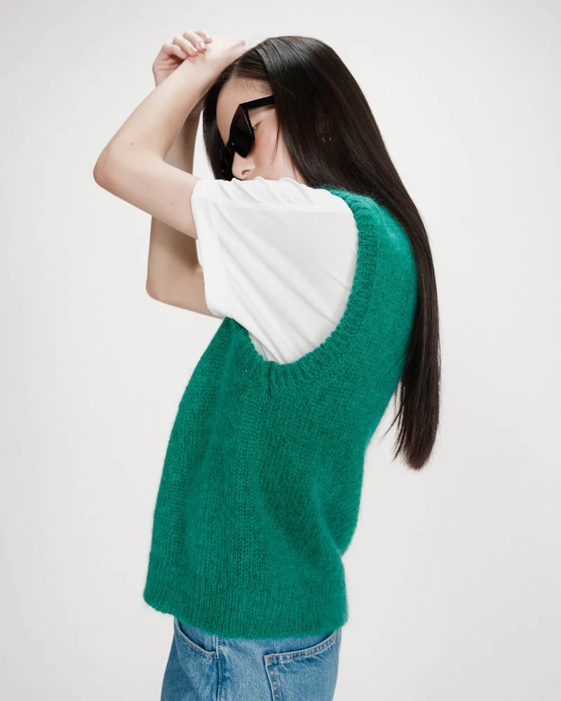 Cardigan laine et mohair sans manches vert Vicomte