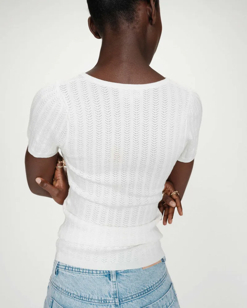 Pull ajusté à fronces manches courtes col V ivoire Velyor