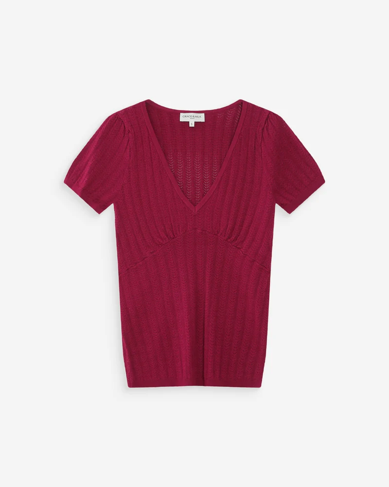 Pull ajusté à fronces manches courtes col V pivoine Velyor