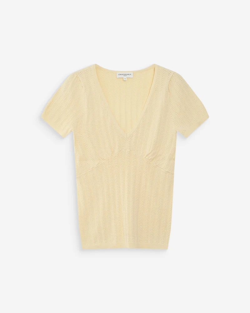 Pull ajusté à fronces manches courtes col V vanille Velyor