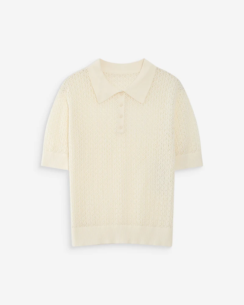 Polo en fine maille ajourée manches courtes ecru Vathi