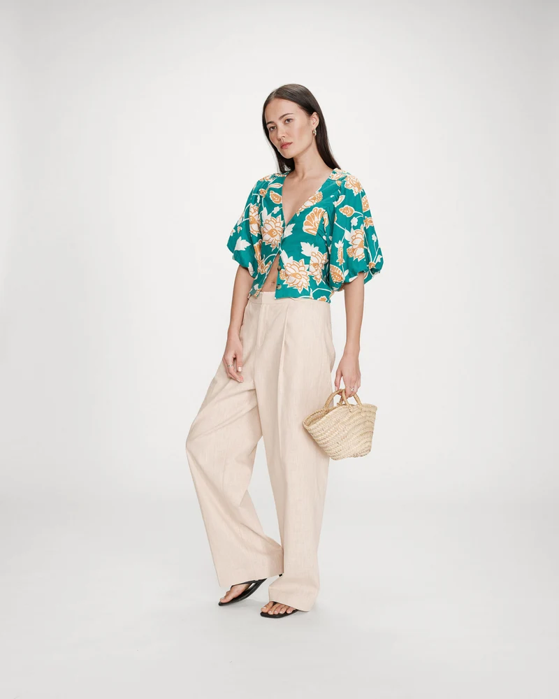 Top en lin imprimé floral col V vert Vahe