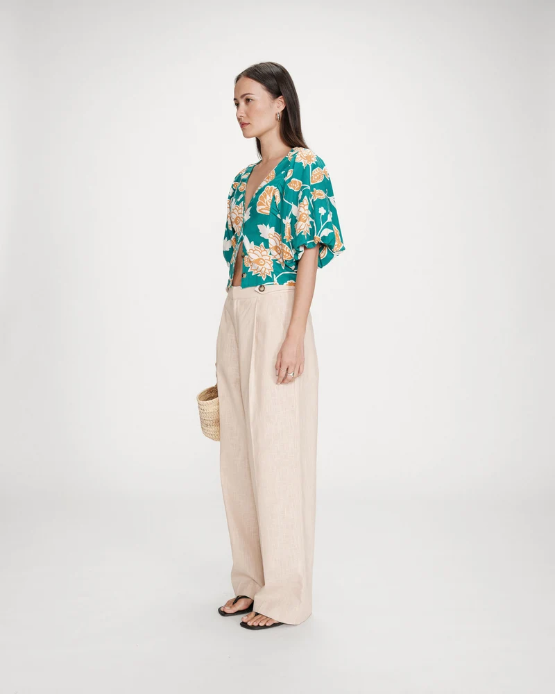 Top en lin imprimé floral col V vert Vahe