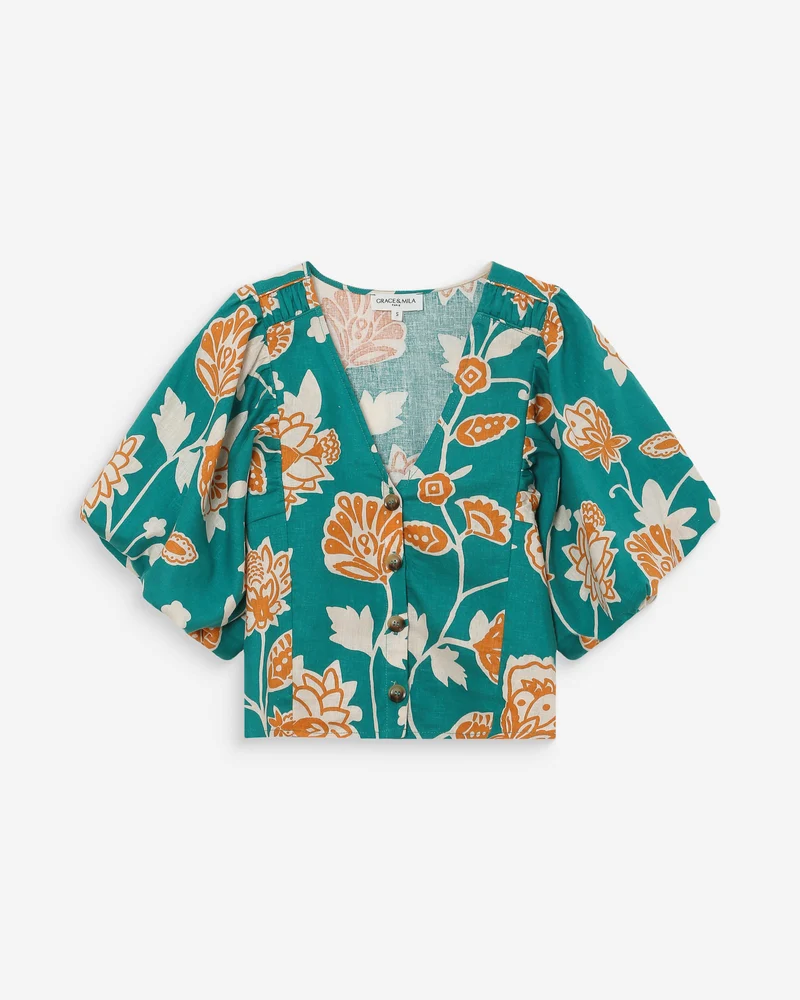 Top en lin imprimé floral col V vert Vahe
