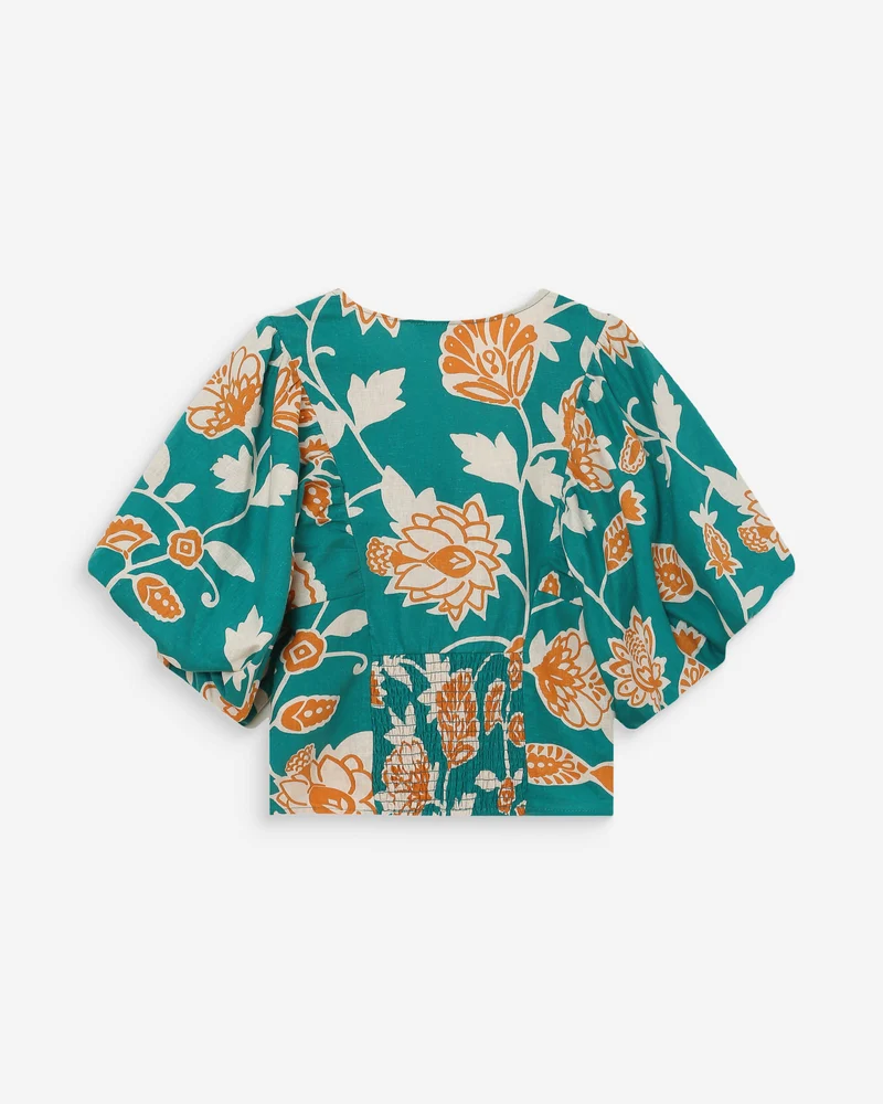 Top en lin imprimé floral col V vert Vahe